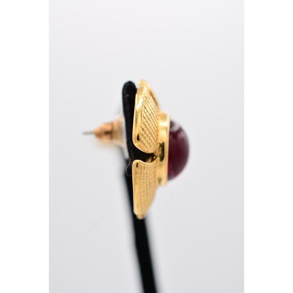 Sarah Cov Vintage Flower Red Cabochon Earrings Post Gold SC Signed 1980s BinAZ - Picture 8 of 12